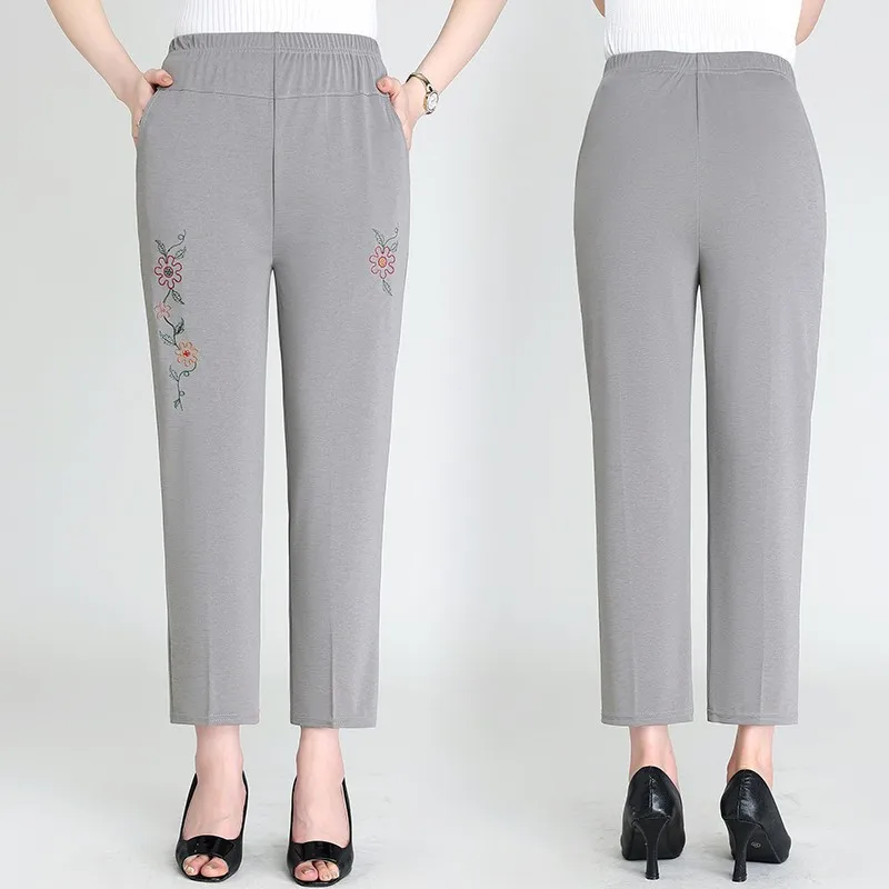 Large Size Women Pants Spring Summer Ice Silk Elastic Waist Female Trousers embroidery Middle Aged Mother Stretch Pants XL-8XL