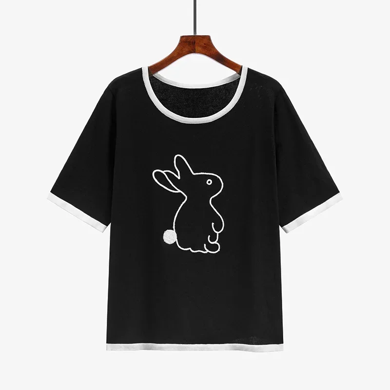 J038  Large size women's round neck embroidery rabbit top 2023 summer new fat loose T-shirt woman