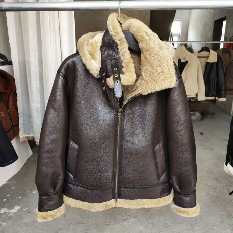 2023 Outerwear Air Force Pilot Man Coat Genuine Sheepskin Leather Natural Shearing Wool Jacket Hoodie for Male Brown XXXXXXXL