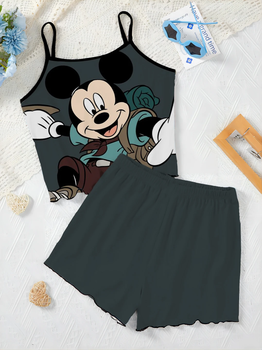 Kurze Sets für Frauen 2 Stück Home Dress Pyjama Rock Disney Mickey Top T-Shirt Salat besatz Damen anzug elegante Disney Mickey