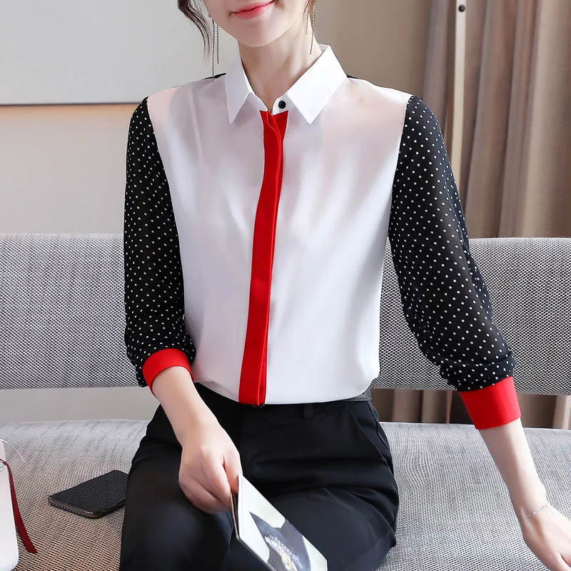 Office Lady Loose Fashion Lace Chiffon Shirts Spring New Striped Patchwork Simple Casual Blouse Women Clothing