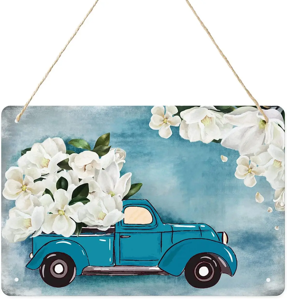 1p,White Magnolia Flower with Blue Truck Vintage Metal tin Sign Art Plaque Wall Decor Look Funny Gifts for Home Kitchen Garage B