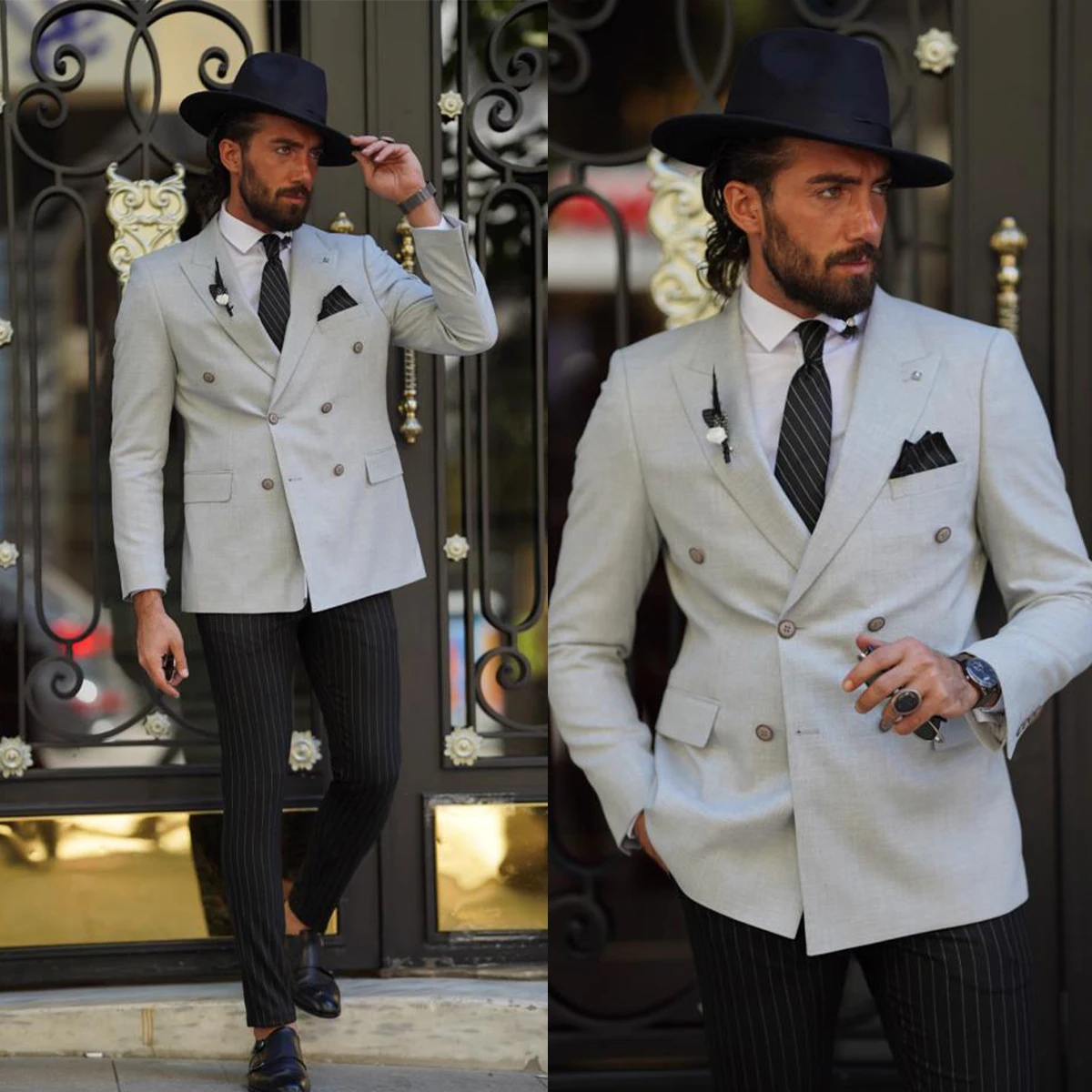 

Men' s Suit 2 Pieces Gray Blazer Pinstripes Pants Double Breasted Slim Fit Tuxedo Jacket Business Modern Wedding Groom Tailored