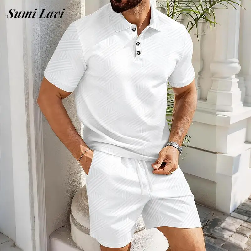 

Модные мужские текстурированные костюмы-двойки: летние повседневные комплекты с короткими рукавами на пуговицах, топы и брюки, стильные жаккардовые костюмы для мужчин