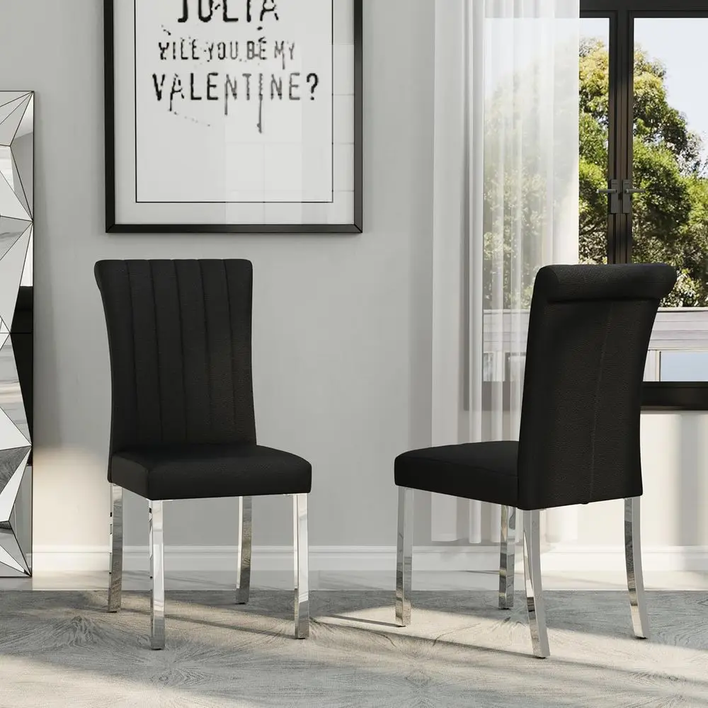 

Pair of Black & Silver Leather Dining Chairs with High Back and Chrome Legs for Home & Restaurant Use