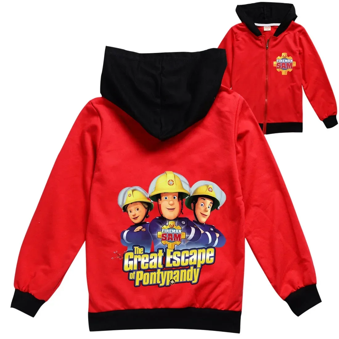 Newset Cartoon Fireman Sam Clothes Kids Zipper Jackets for Girls Hooded Sweatshirt Baby Boys Fire Fighter Coats Children Outwear