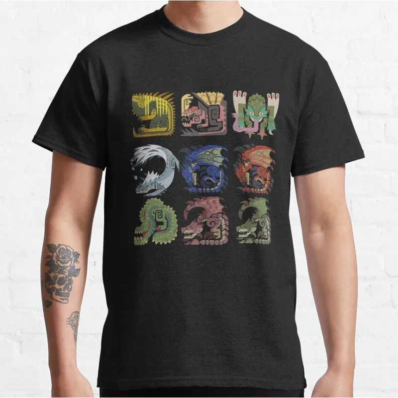 MHW セット 1 かわいいアニメビデオゲームモンスターハンターワールド MHW 狩猟クラブグラフィック Tシャツ男性のための大きいサイズ大人 S-6XL トップス