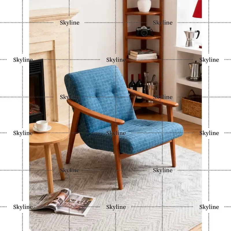 for Mairhk Medieval Solid Wood Single Sofa Chair Korean Retro Living Room Bedroom Blue Plaid Fabric Casual Recliner