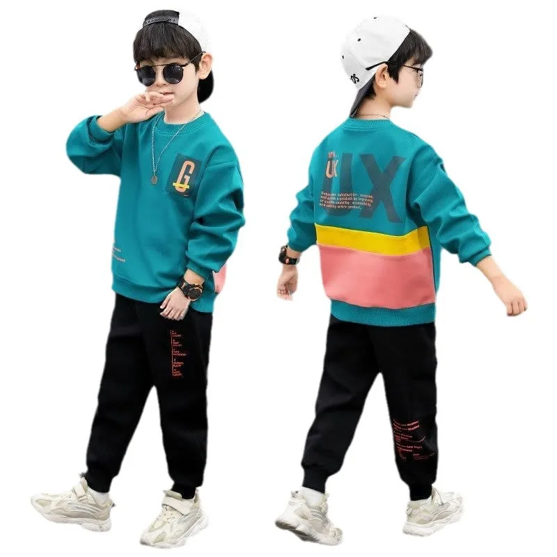 2024 autumn winter Boys Tracksuit velvet patchwork letters rainbow sweatshirt + Leggings Pants Suit Clothes children Set 12 14 Y