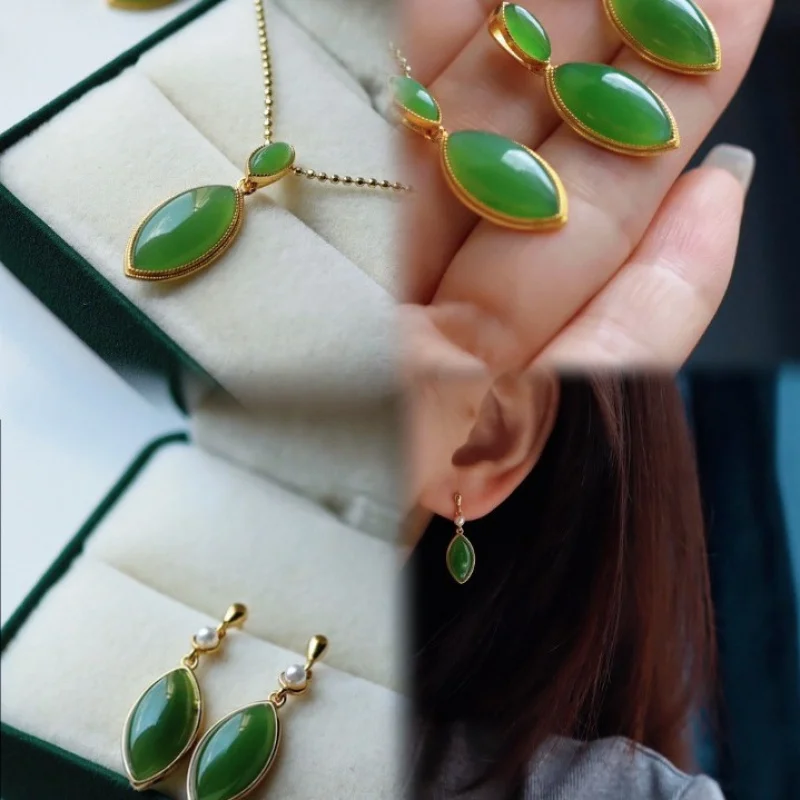 

Jasper Green Horse Eye pendant sterling silver plated 18K gold main stone 8*16mm fine jade