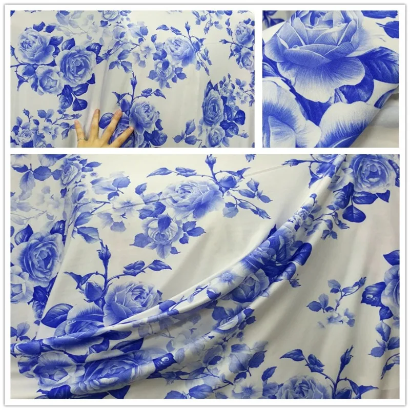 Swimsuit Elegant White Background Blue Rose Print, Excellent Drape Feeling High Elasticity Fabric Qipao Dance Costume Fabric