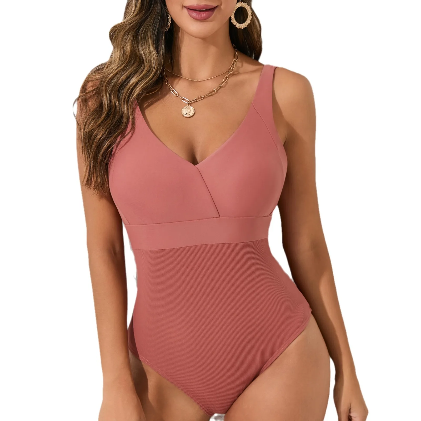 2025 New Deep V Sexy Color Matching Women's U-shaped Beautiful Back Anti-light One-piece Swimsuit