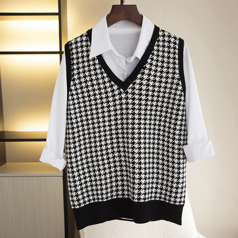 New Vest Cashmere Sweater 2023 Spring and Autumn Houndstooth V-neck Sleeveless Knitted Vest for Women