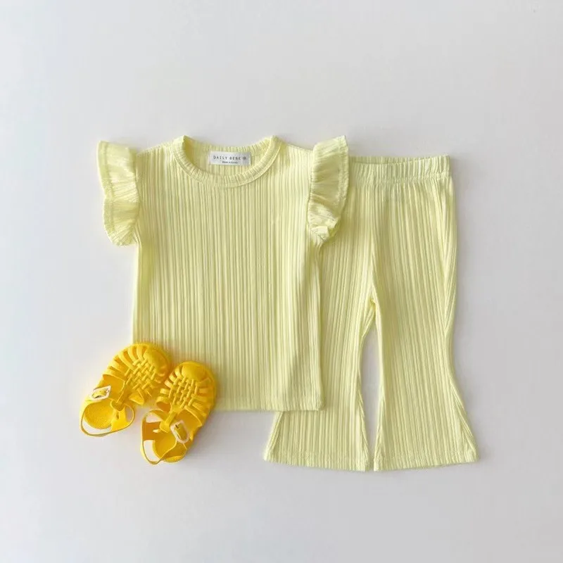 TZ22099 Girls Summer Bell Bottoms Cool Casual Outfit Children's Two-Piece Thin Set Baby Clothes Soft Cotton Romper And Pants