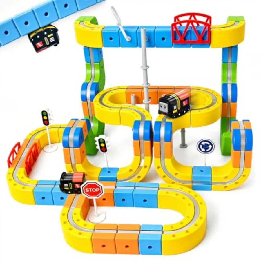 

Magnetic Train Set for:2 Rechargeable Trains, 105PCS ABS Plastic Race Track in Blue/Red, Gravity-Defying Vertical Climb Upside-