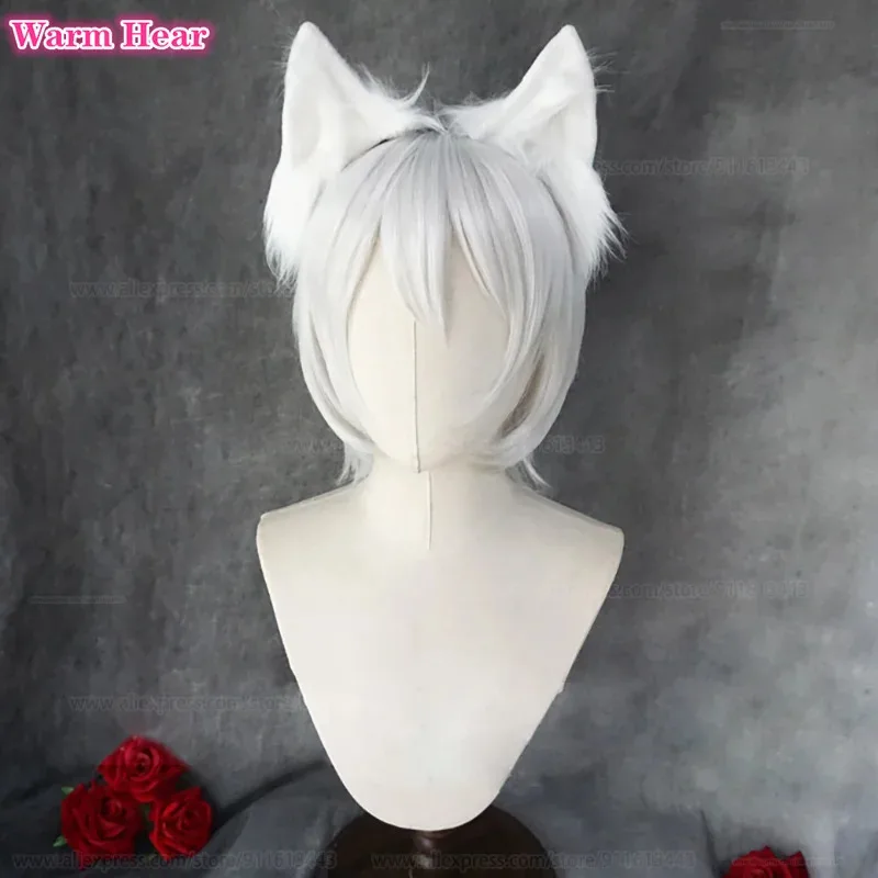 أنيمي تأثيري الفضة الأبيض قصيرة 28 سنتيمتر والأذن تومو مقاومة للحرارة الشعر هالوين حفلة للجنسين الباروكات + غطاء شعر مستعار مجاني ob;8