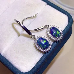 Classic Silver Black Opal Drop Earrings for Daily Wear 6mm*8mm Natural Black Opal Eardrop Solid 925 Silver Opal Jewelry