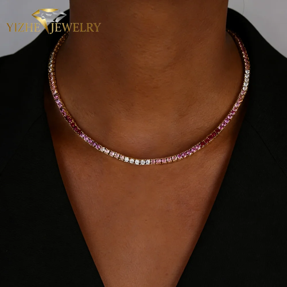 Colorful Pink Color CZ Cubic Zirconia Tennis Chain Choker Necklace Bracelet Women Fashion Beautiful Jewelry view 2