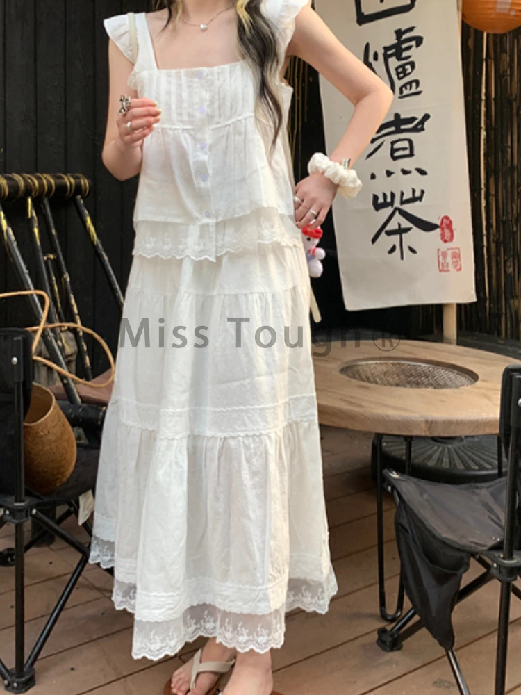 Summer Sweet Loose Lace Sling 2 Piece Set Women Elegant Natural Sleeveless Solid Dress Female Design High Waist A Line Dresses