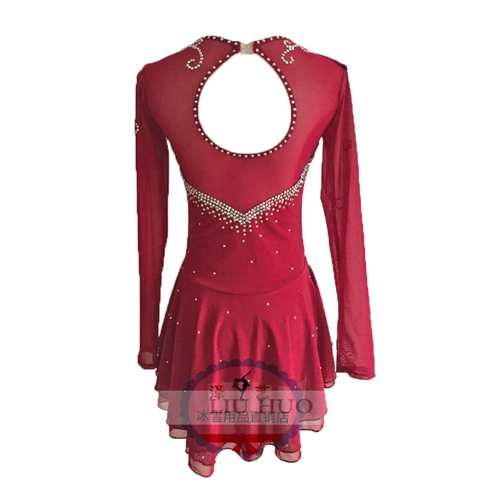 LIUHUO Women Girl Adult Performance Ballet Roller Costume Competition Leotard Skirt Ice Figure Skating Dress Teen Red Wine Dance