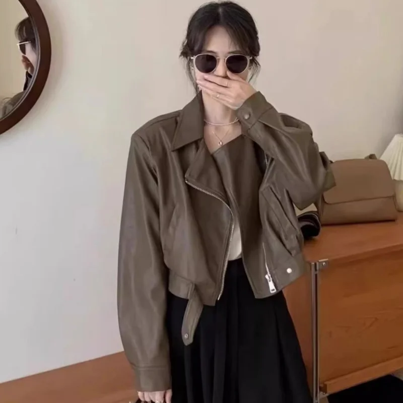Women Retro Brown PU Leather Jacket Girls Spring Autumn Cropped Moto Biker Fashion Versatile Slim Fit Motorcycle Short Jacket