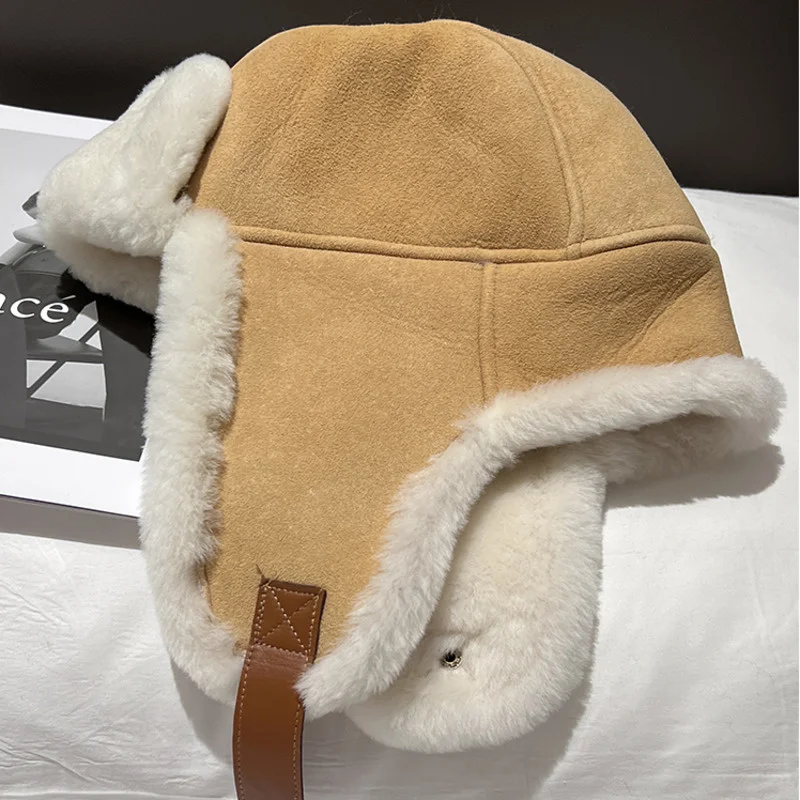 Sheepskin Fur Integrated Lei Feng Hat Women's Outdoor Cycling Hat Thickened And Warm Fur Hat Real Leather Caps Real Fur Hat