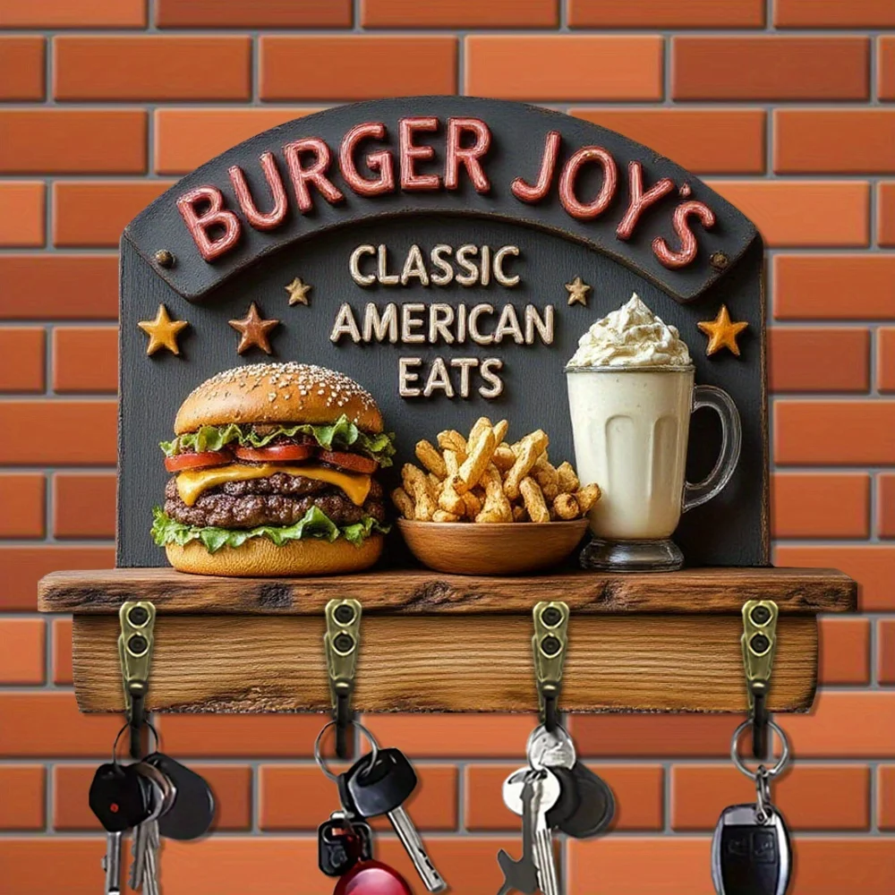 2D plano, 1 pieza, percha para llaves Gourmet American Classic. Colgador de llaves doméstico de madera multifuncional con cuatro ganchos de metal, adecuado para