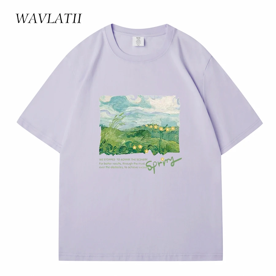 WAVLATII Women New Spring Green Printed T shirts Female White Fashion Oversized Streetwear Tees Lady Casual Summer Tops WT2310