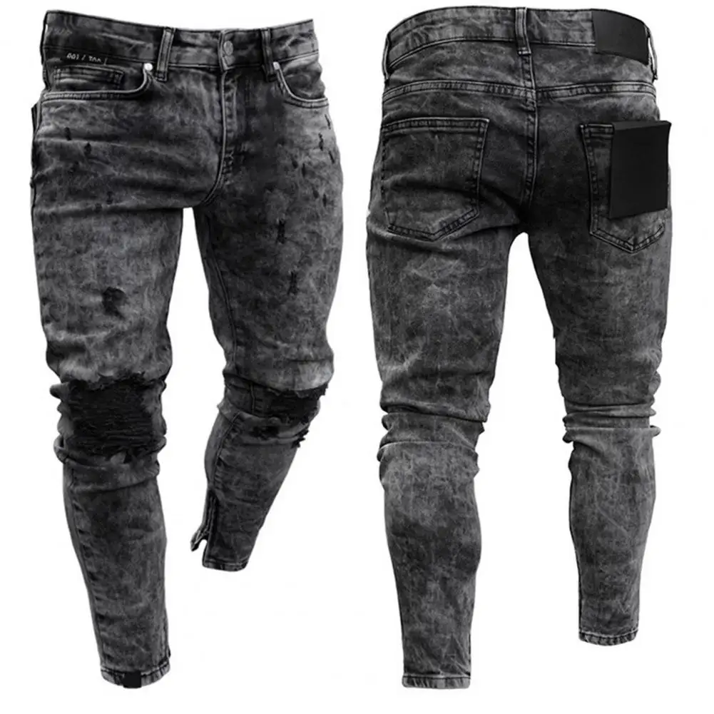 

Men Stretchy Skinny Denim Jeans For Men Casual pants Ripped Patchwork Hole Slim Fit Denim Hip Hop Black Straight Trousers