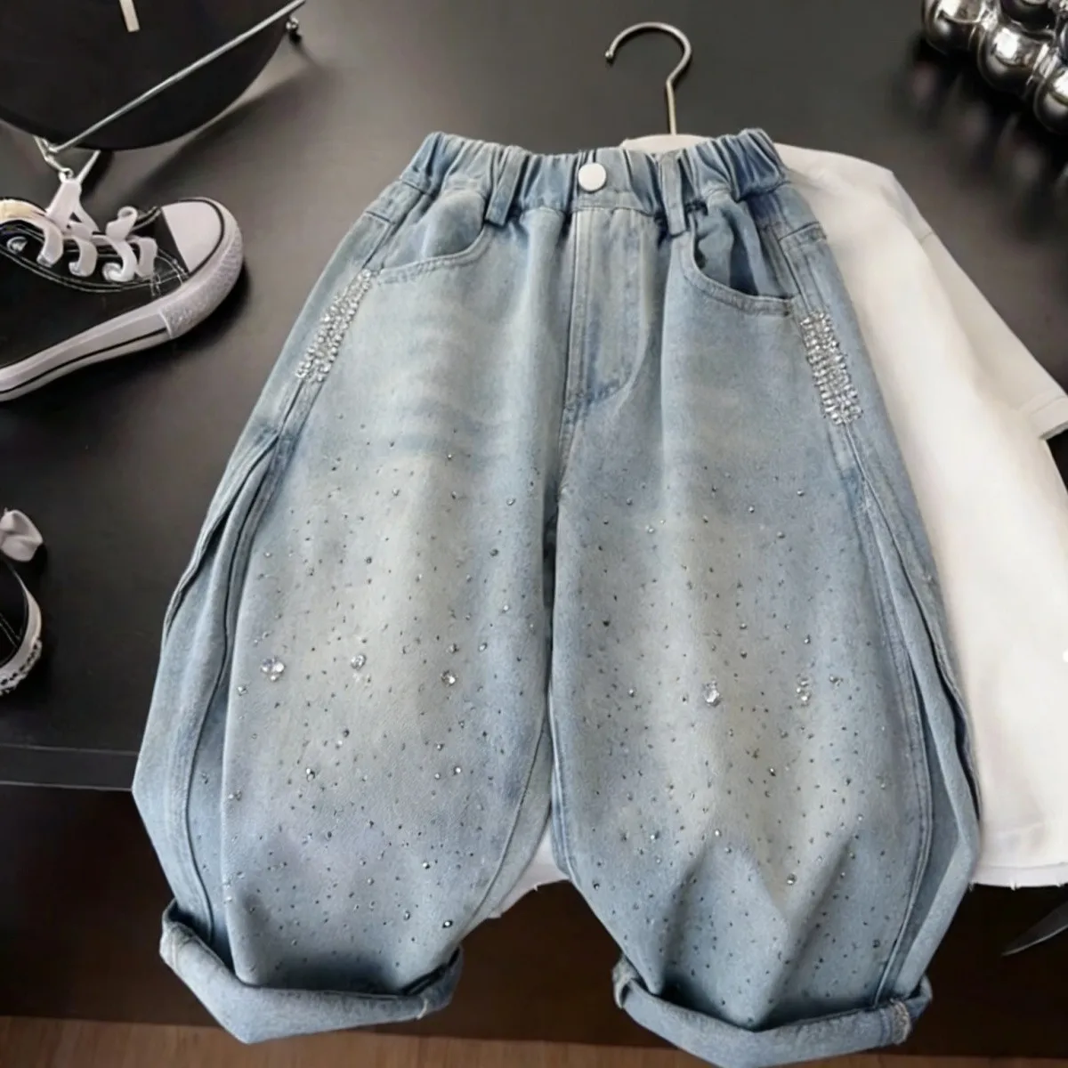 

Spring and Autumn Boys' Jeans New Fashionable Children's Diamond studded Loose Pants