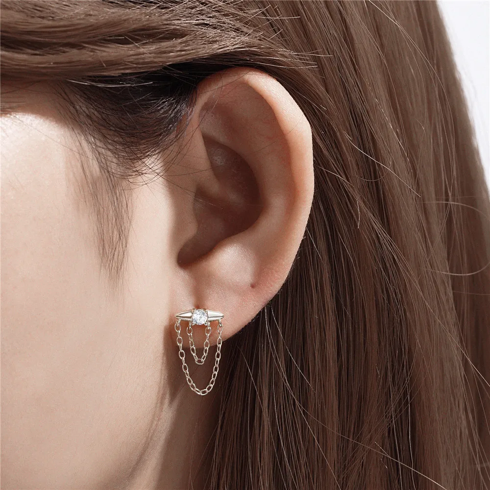 CANNER Tassel Chain Pendant Zircon Rivet Stud Versatile S925 Sterling Silver Earrings Elegant Vintage Design Women'S Jewelry