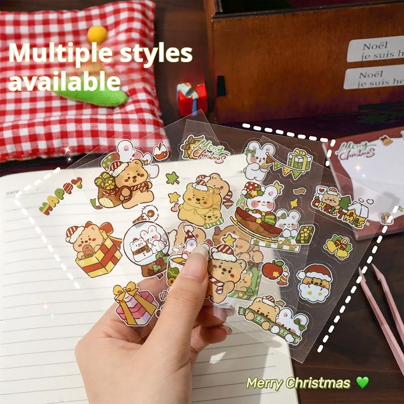 8 lembar/set Natal kartun kelinci tema stiker tahan air manusia salju lucu beruang hewan peliharaan stiker dekorasi alat tulis grosir