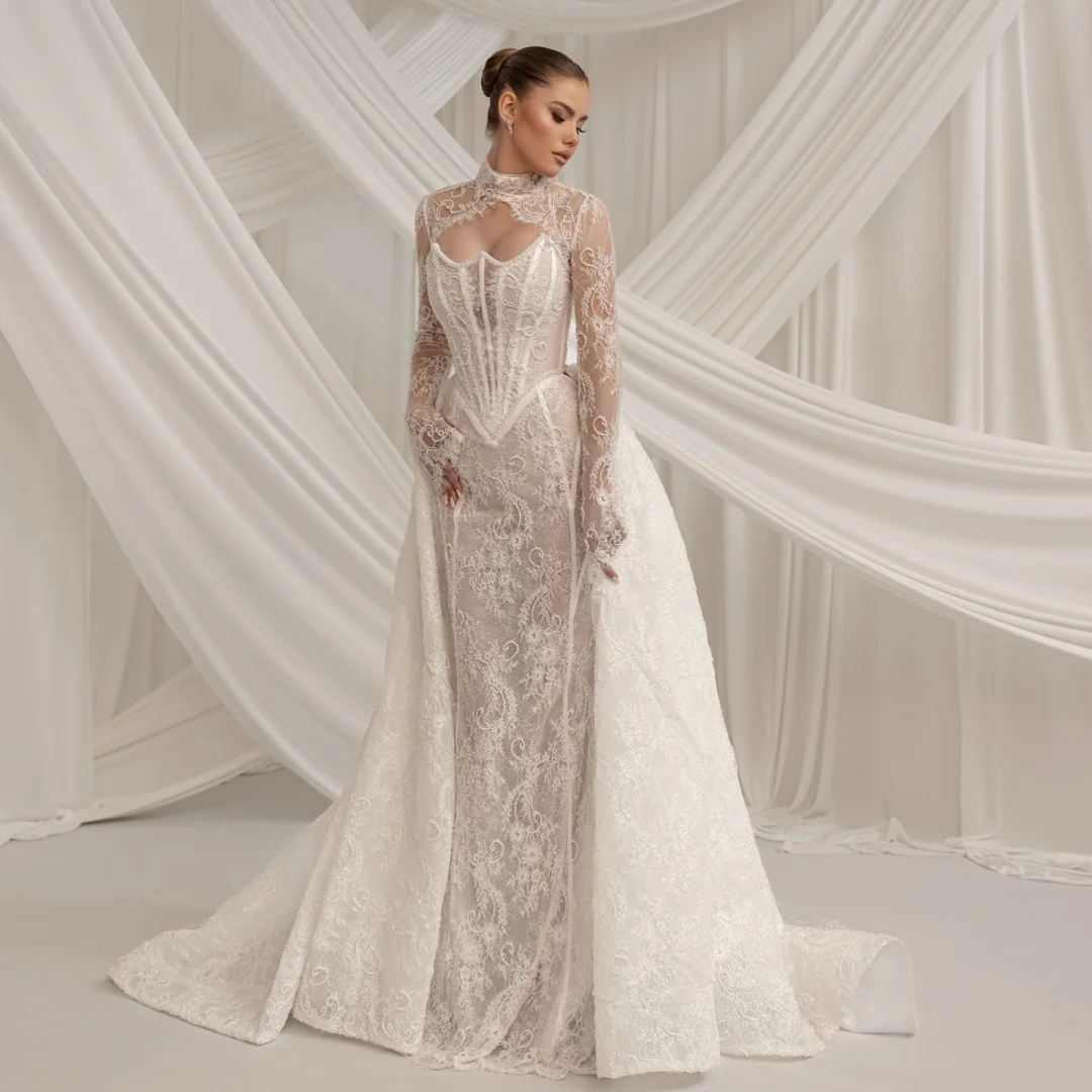 

Exquisite Mermaid Wedding Dresses Over Skirt Lace Long Sleeve Bridal Gown Elegant Beaded Luxury robe de mariée Customizd