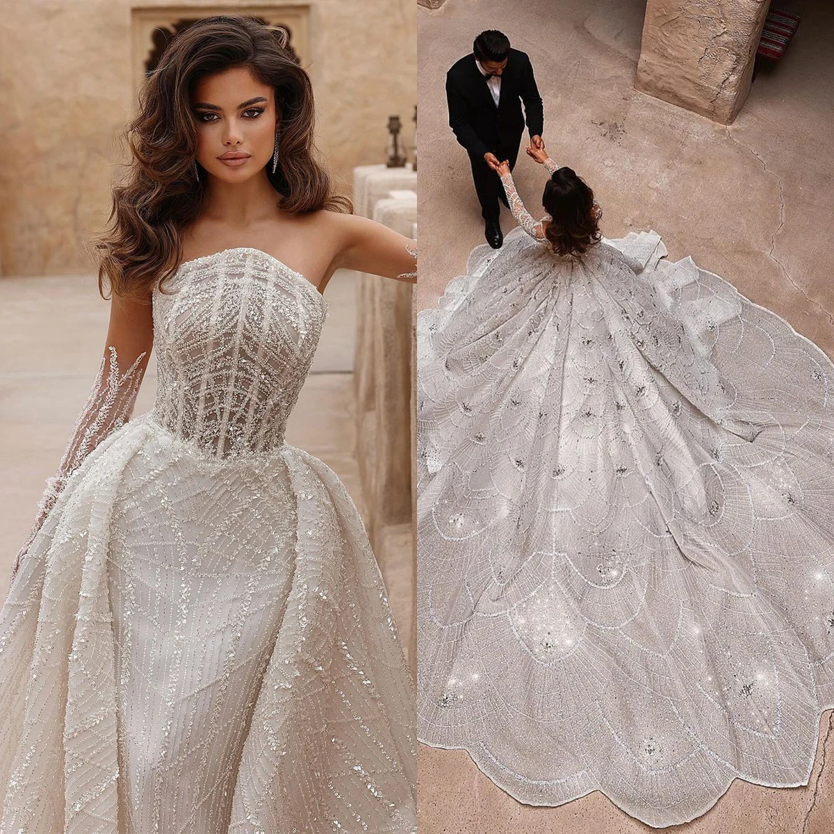 Unique Mermaid Wedding Dresses Strapless Sequins Beads Appliques Lace Bridal Gowns Custom Made Detachable Train Robe