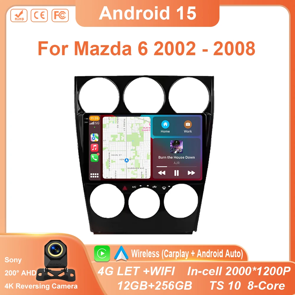 Android 15 For Mazda 6 2002 2003 2004 2005 2006 2007 2008 Multimedia Car Player Navigation GPS Radio Carplay 360 Camera RDS WIFI
