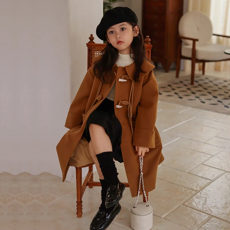 Girls Woolen Coat Overcoat Jacket Windbreak 2024 Brown Warm Plus Thicken Autumn Winter Cotton School Children's Clothing