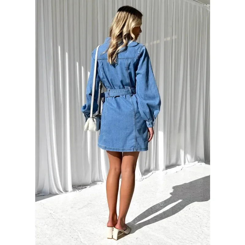 Jeans Dress Single Breasted Long-Sleeved Y2K Denim Dress Fashion Casual Button Lace-up Slimming Denim Dress for Women