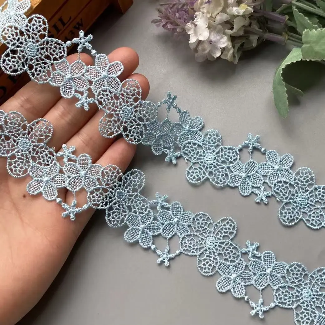 2 Yards Blue 3cm Flower Embroidered Soluble Polyester Fabric Lace Trim Ribbon Handmade DIY Sewing Craft For Costume Decoration