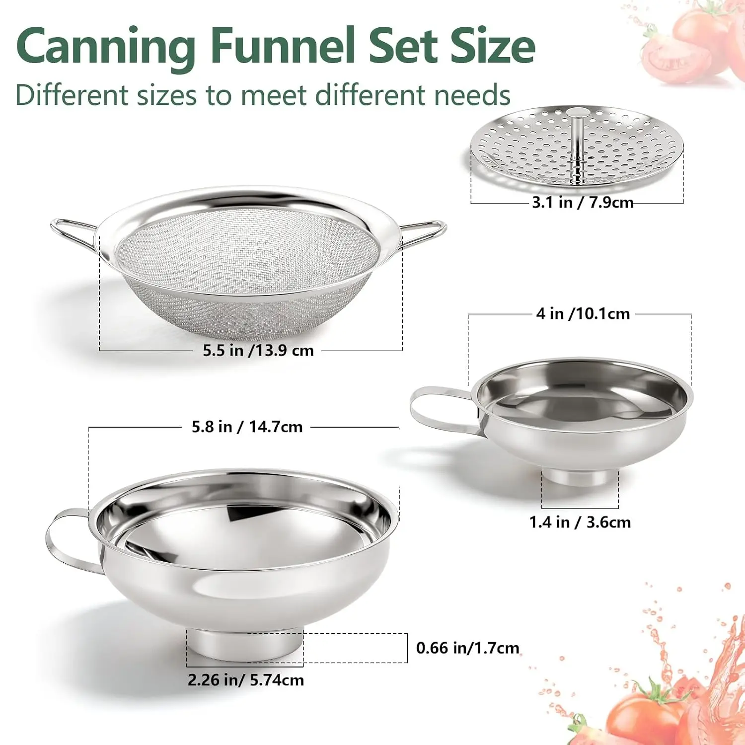 4-in-1 Canning Funnel Set, Stainless Steel Wide Mouth & Regular Funnels With Extended Stable Spout, Umbrella Strainer & Mesh Fil