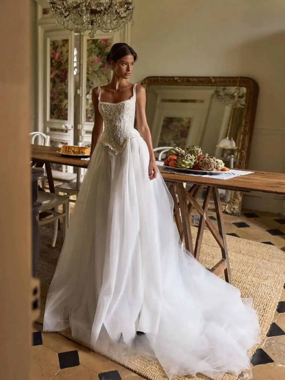 Romantic Light Tulle A-Line Wedding Dress Vintage Lace Customized Square Neck Bridal Gown For Bride Ceremony New Arrival