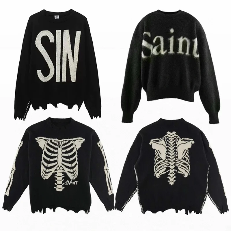 

Винтажный повседневный свитер с вышивкой, жаккардовый свитшот, модный вязаный пуловер с вырезом разрушения