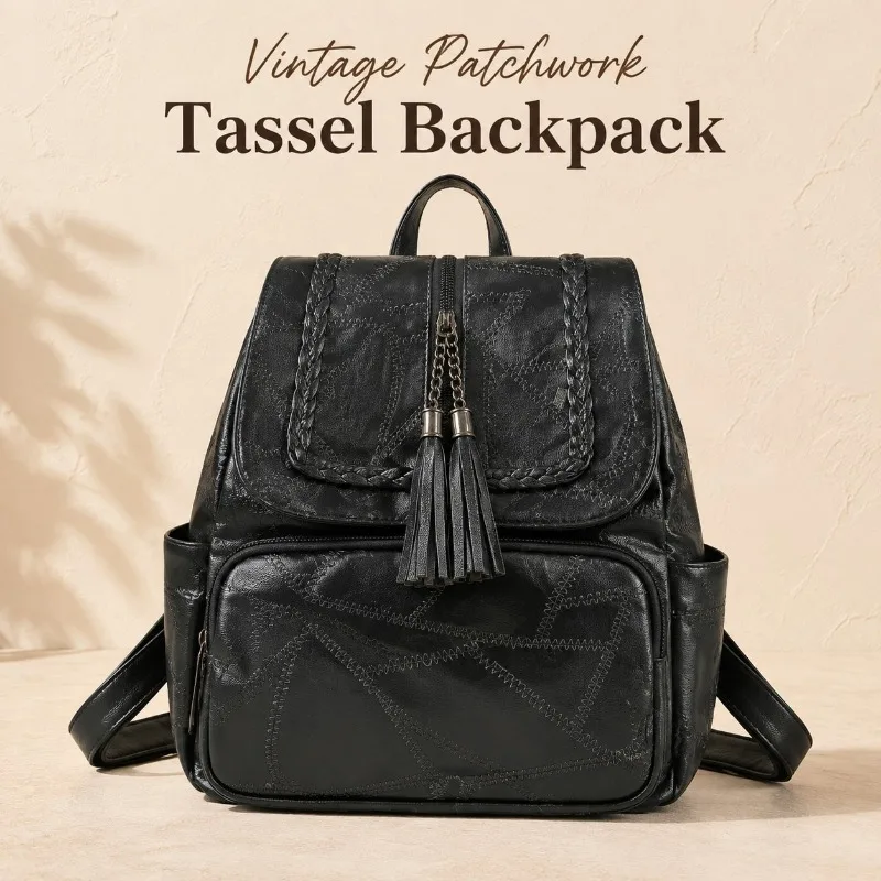 Vintage Patchwork PU Leather Tassel Backpack for Women, Casual Multi-Pocket Daypack with Anti-Theft Back Pocket