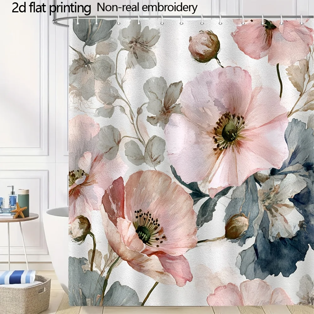 Watercolor Poppy Shower Curtain – Pink Blossoms with Dark Centers, Green Stems, 2D Flat Print, Polyester, 70.8