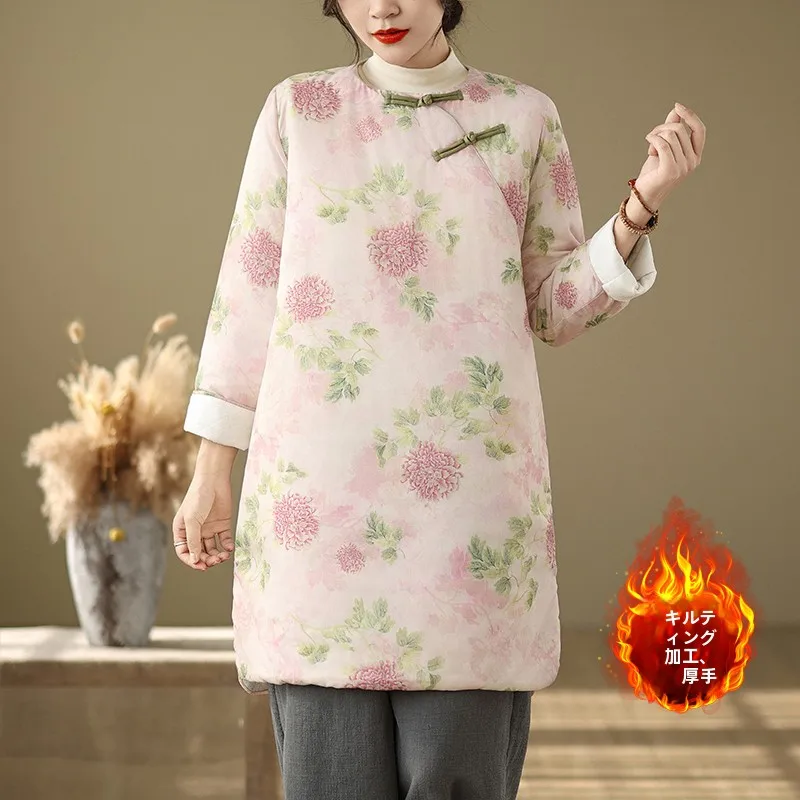 Thickened Floral Print Qipao Cotton Jacket Color Collision Large Size Women's Winter Clothes Cotton Outerwear Mid-Length