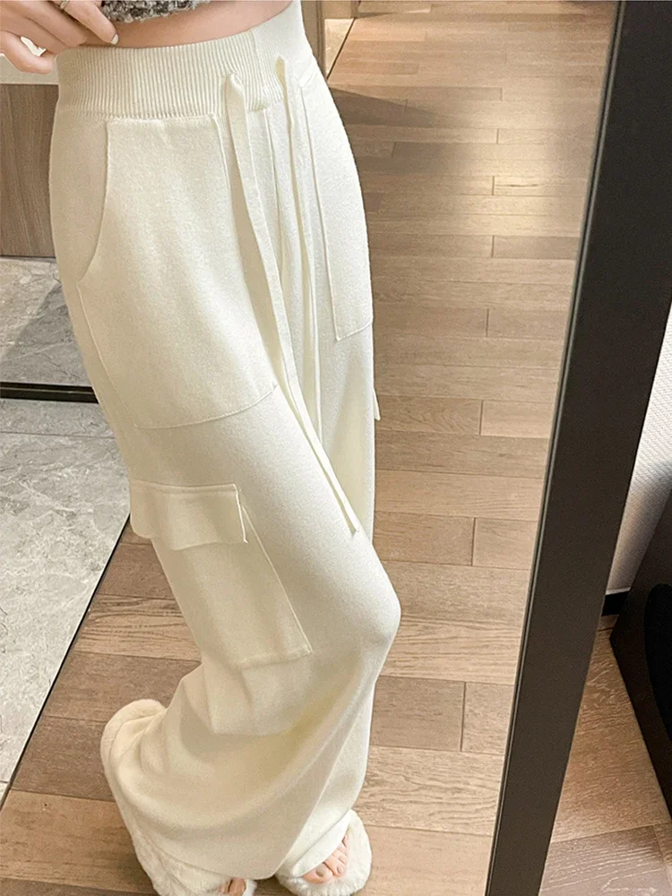 

HOUZHOU Cashmere Knit Cargo Pants Women elegant High Waist Wide Leg Trousers Autumn Winter Korean Loose Casual Streetwear