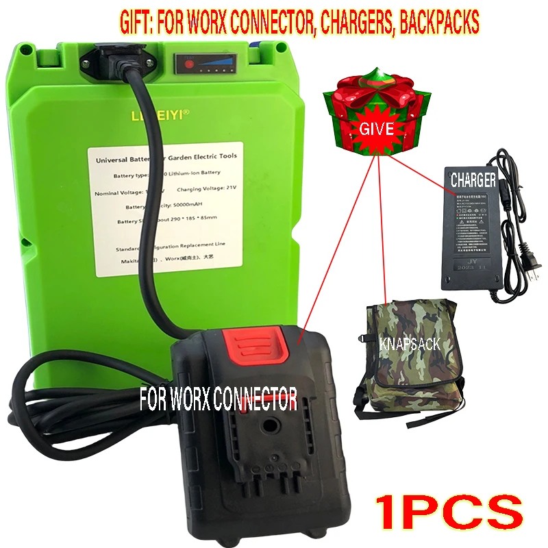 

18V~21V 50000mAh 18650 Lithium-Ion Battery Pack For worx Electric Lawn Mower, Hedge Machine, Tea Picker Etc