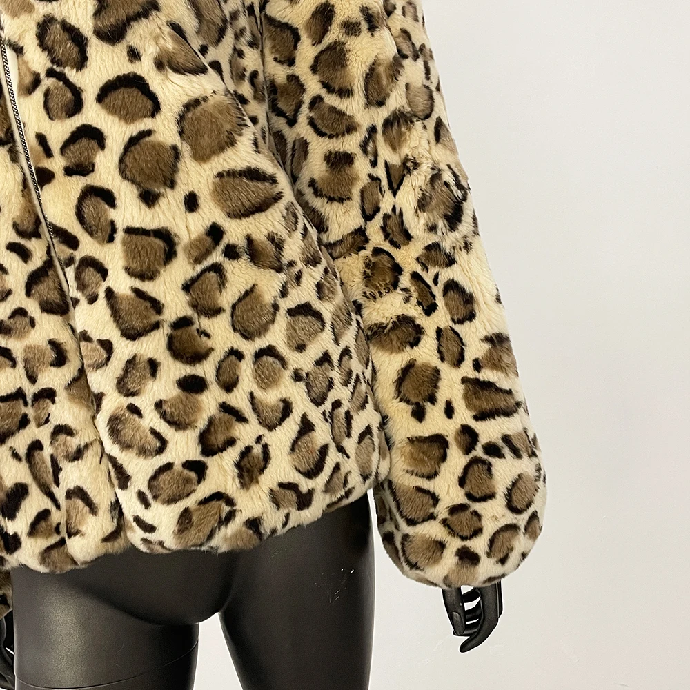 MENINA 2025 New Winter Clothing Women Natural Rabbit Fur Jacket Short Hooded Zipper Real Fur Coat Female Fashion Leopard Clothes