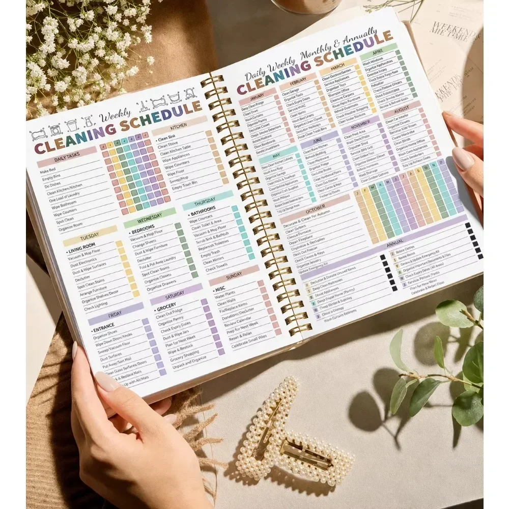 Spiral Bound ADHD Cleaning Planner Household Chores Organizer Book Daily Cleaning Schedule Home Decluttering Tracker Journal for Home Management