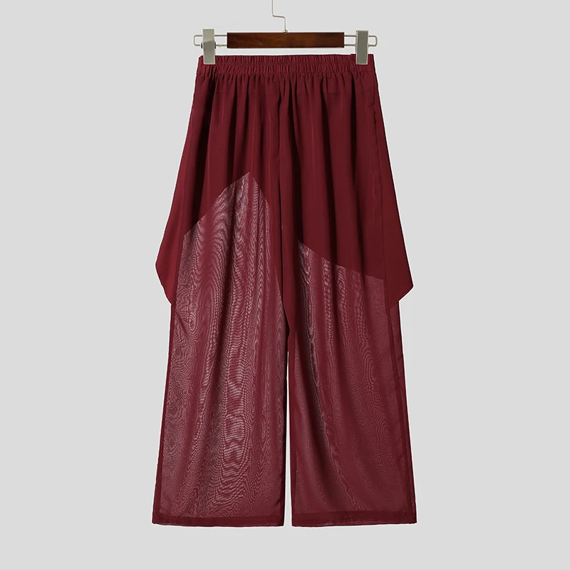 INCERUN Men Pants Mesh Patchwork Wide Leg Trousers For Man Streetwear Loose See Through 2026 Fashion Irregular Pants Pantalones