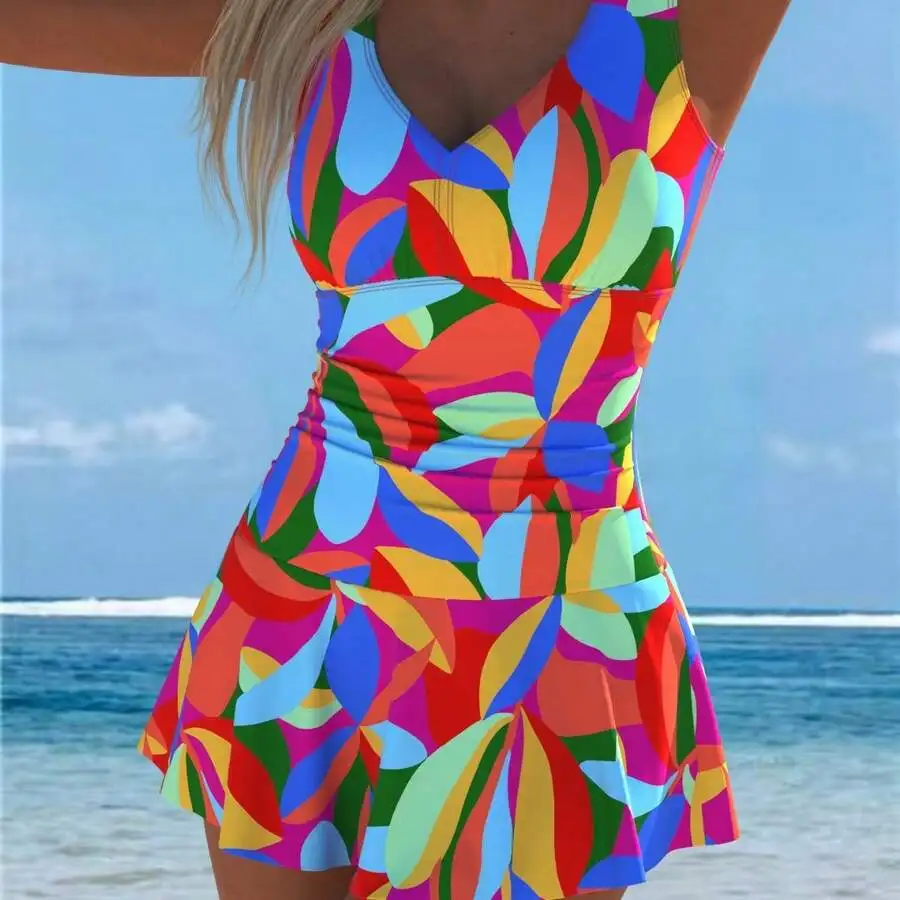 

Womens Sporty One Piece Swim Dress With Flowy Skirt Hem Abstract Print Beach Bathing Suit